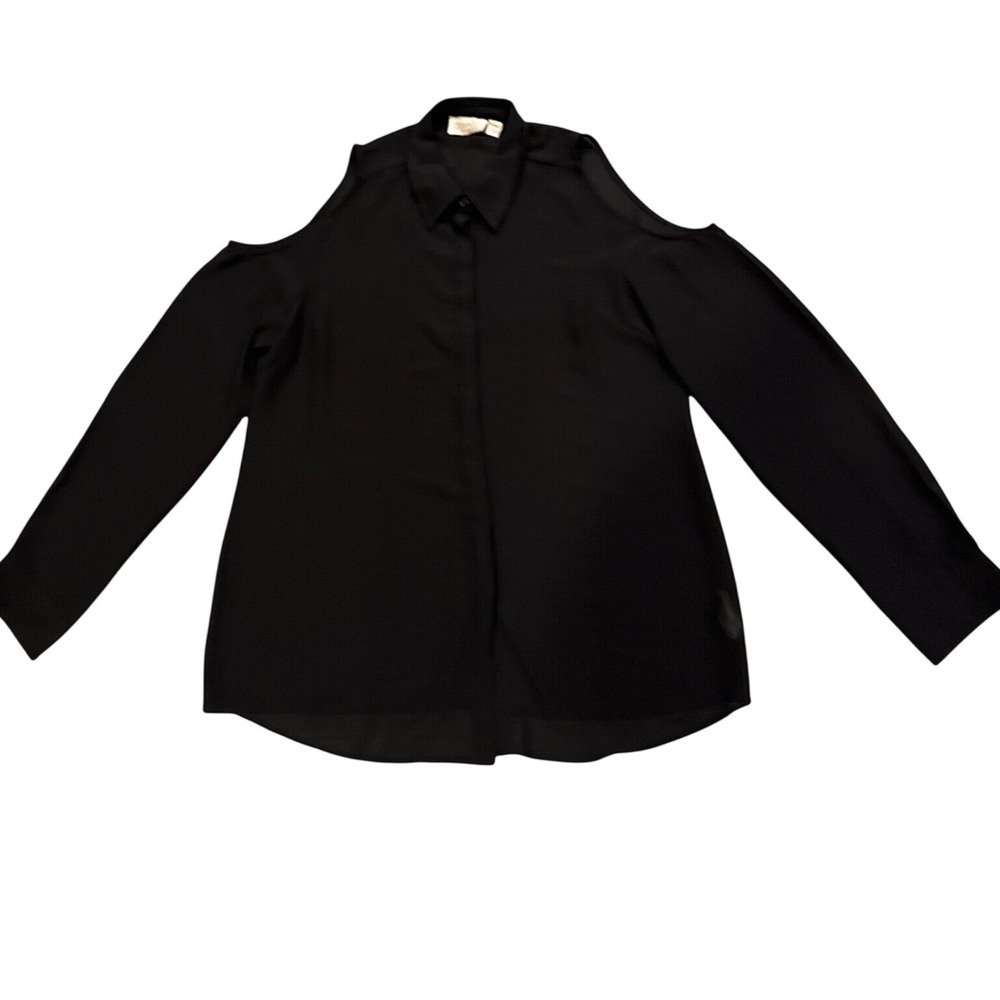 RD Style Women Large Chic Black Cold Shoulder Button Down Goth Edgy Shirt Blouse